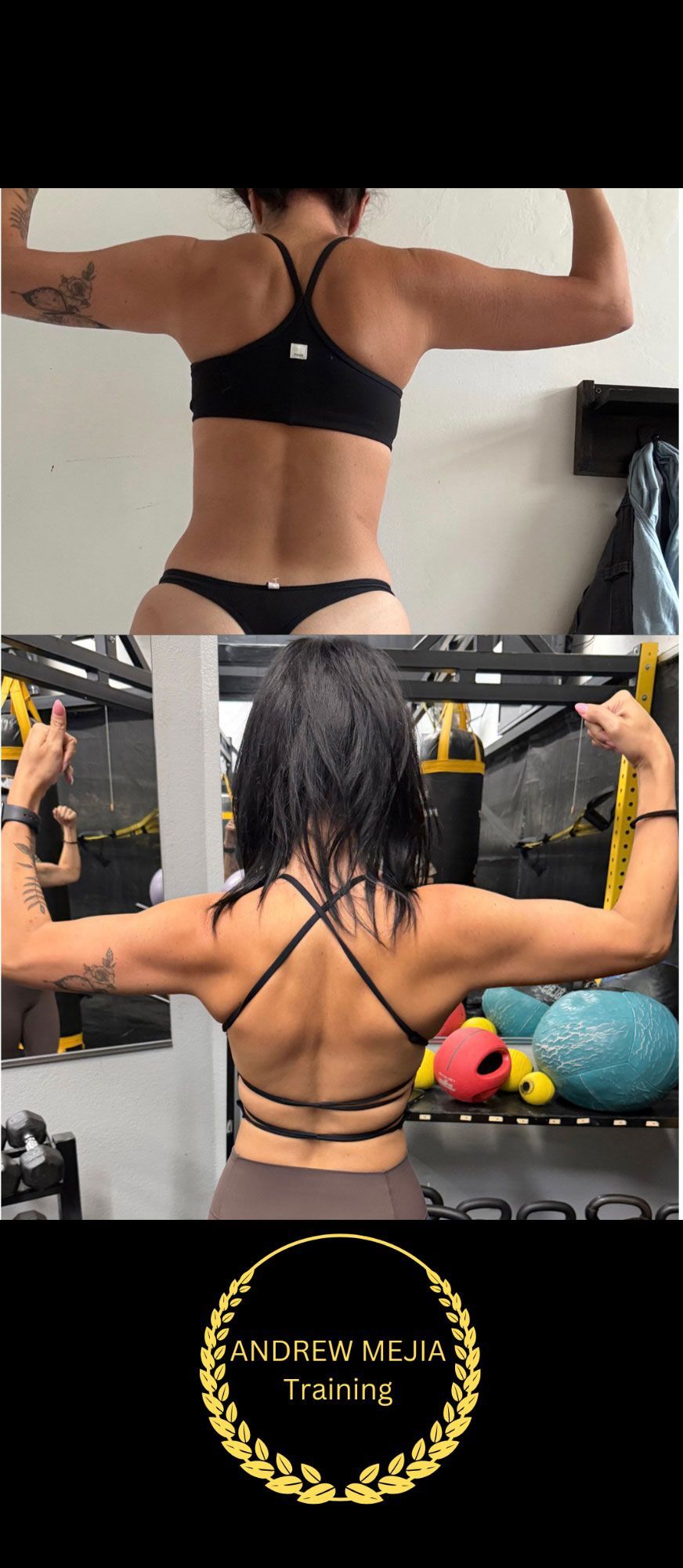 Woman flexes back muscles, comparison photos. Shows back gains over time. Gym setting.