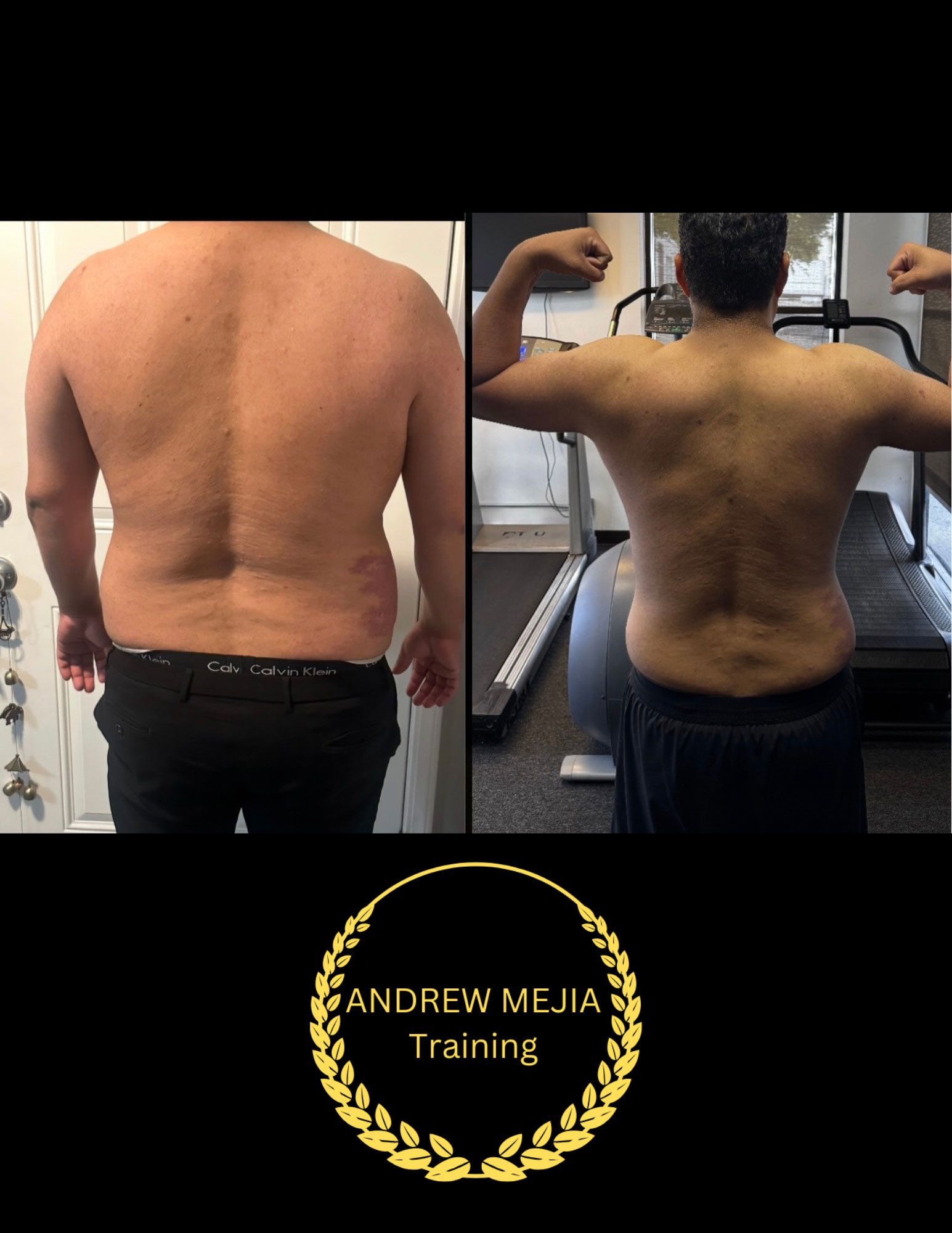 Before and after photos of a person's back; showing improved muscle definition. The photos are side by side with a 