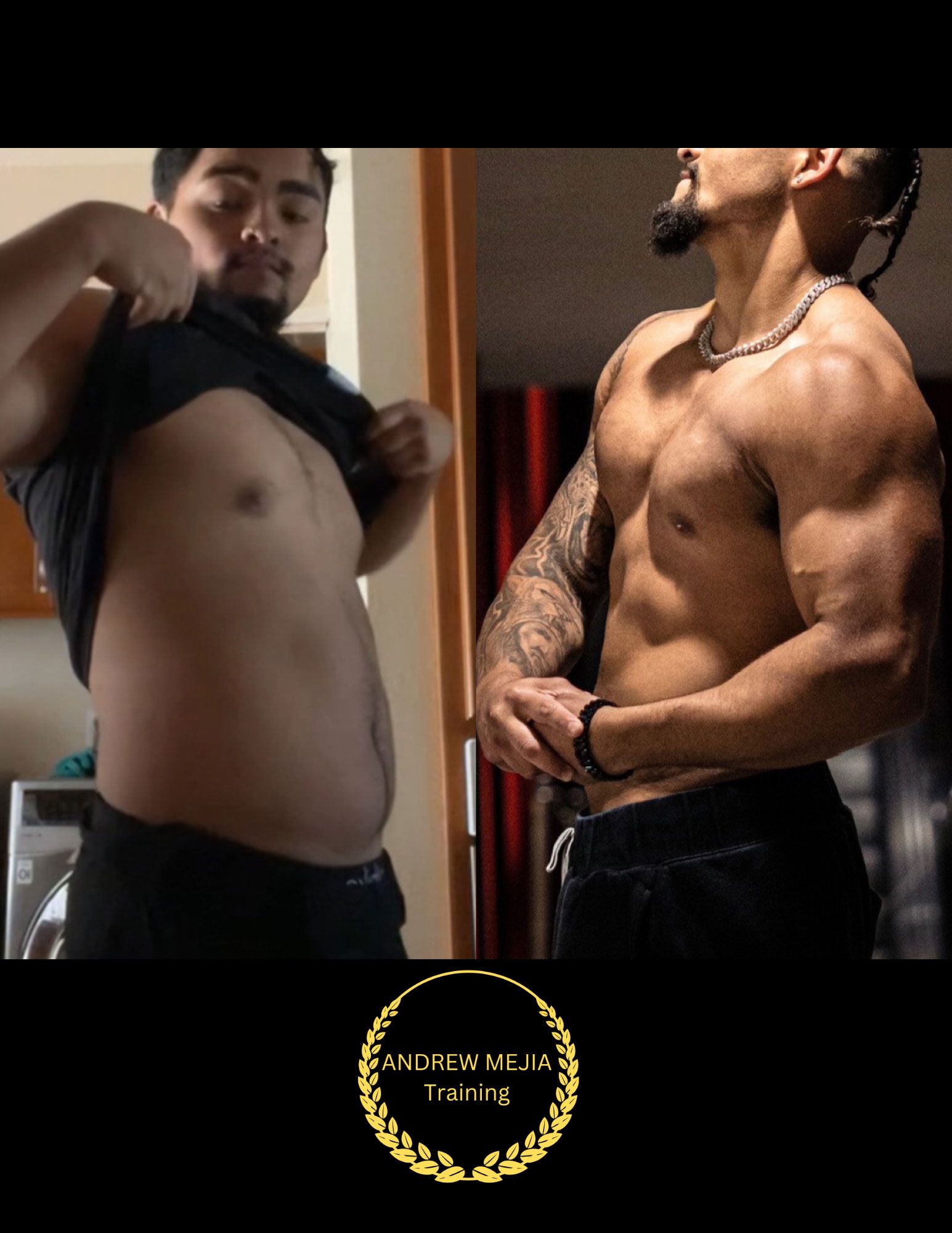 Side-by-side comparison. Man lifting shirt, showing weight loss transformation. Muscular physique on right.