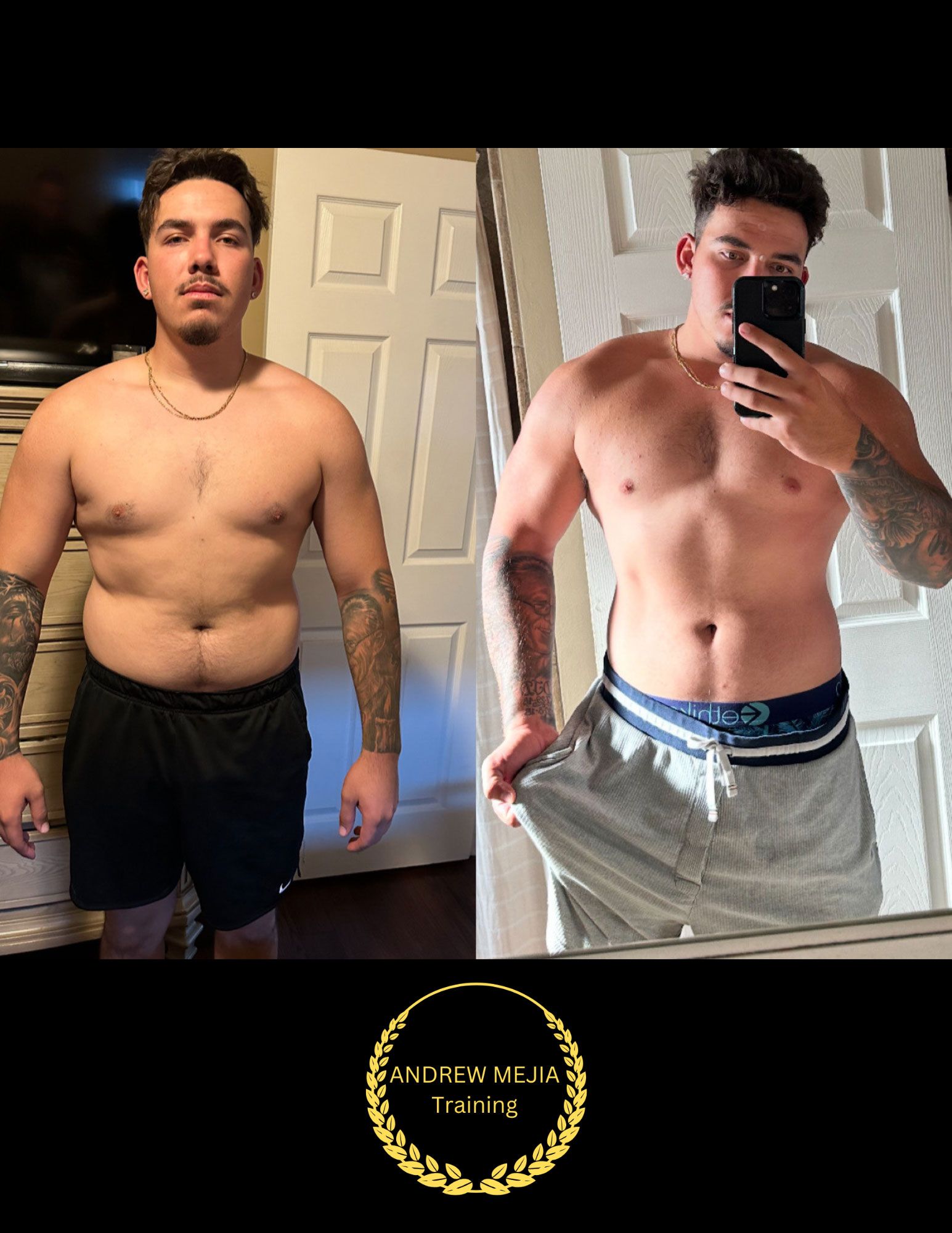 Side-by-side comparison shows a man before and after weight loss. He appears slimmer and more muscular in the second photo.