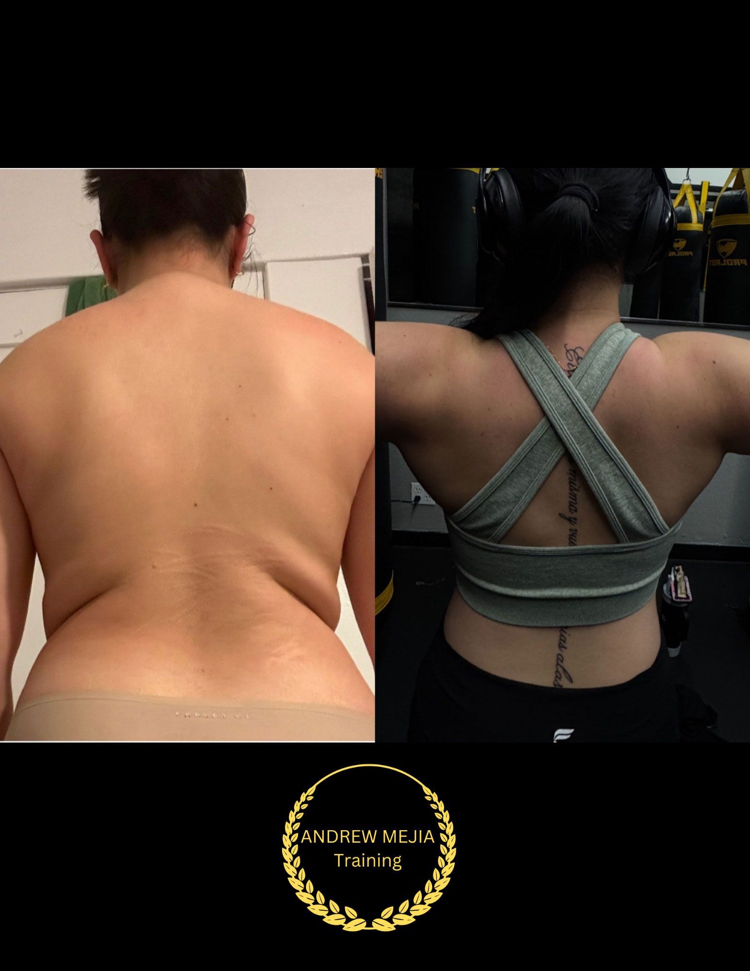 Comparison of a person's back before and after exercise, showing a transformation in muscle definition.