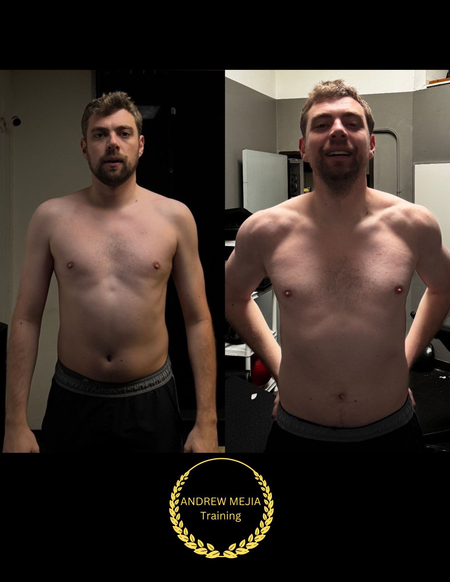 Before and after body transformation. Man with slight belly in first photo, toned physique in second.