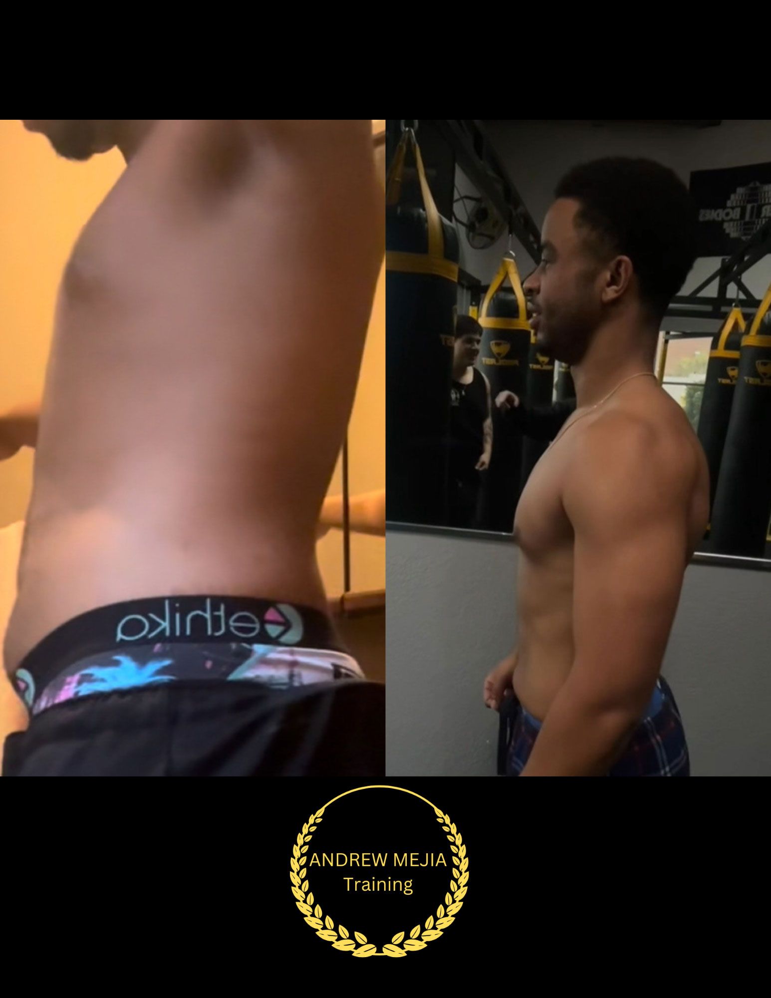 Comparison photos: Person's torso before and after a fitness transformation. Improved physique with reduced body fat.