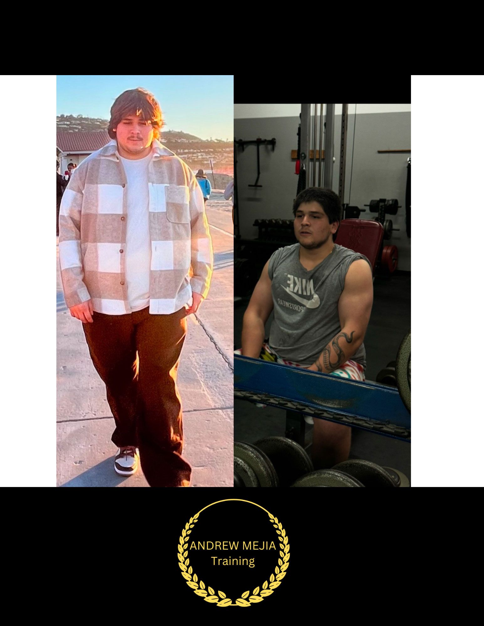 Before and after photos of a man; left: standing outdoors, right: in a gym, lifting weights.