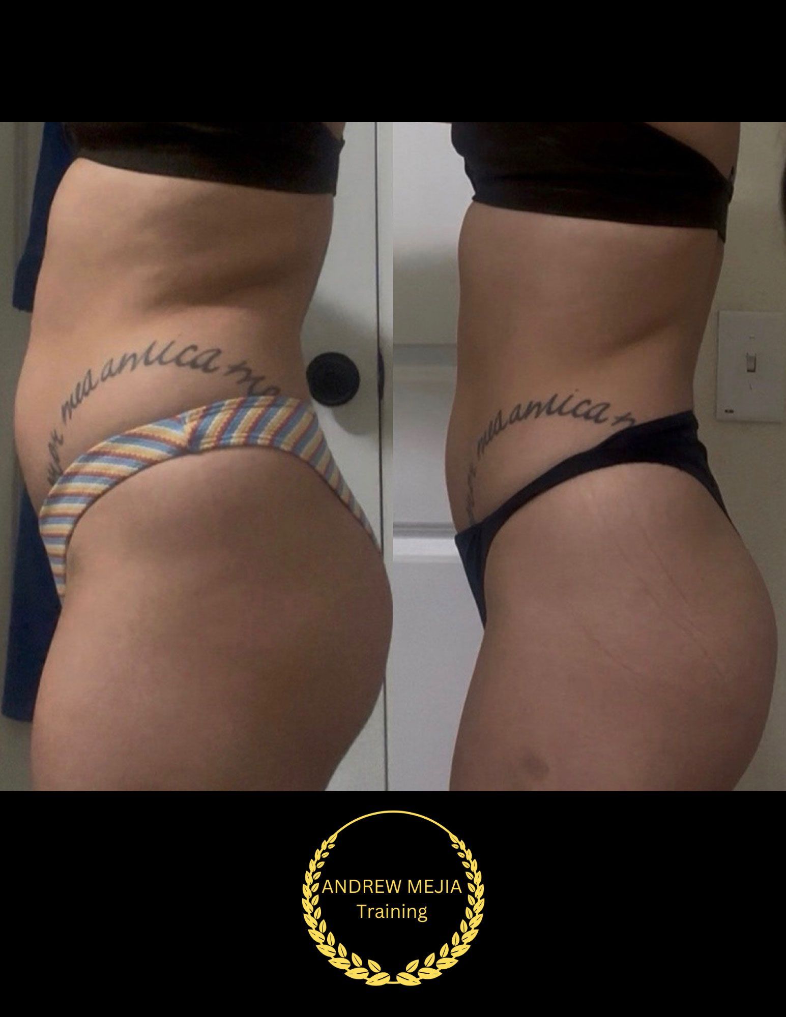 Before and after view of a person's torso and glutes, with waist and buttock shaping.