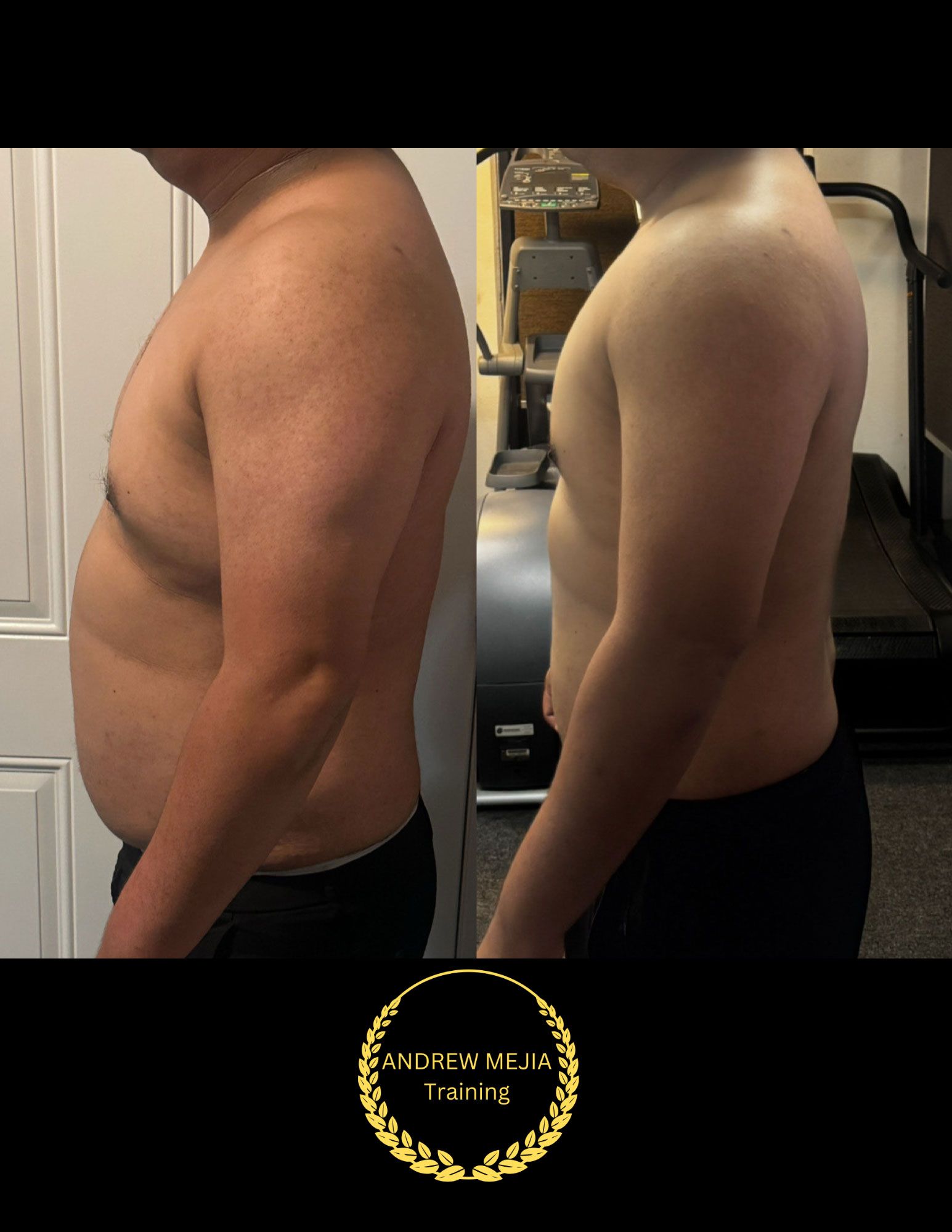 Before-and-after torso comparison. The man lost weight. Left side shows a larger stomach. Right side shows a leaner build.