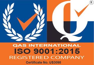 QAS International ISO 9001:2015 registered company logo on blue and orange background