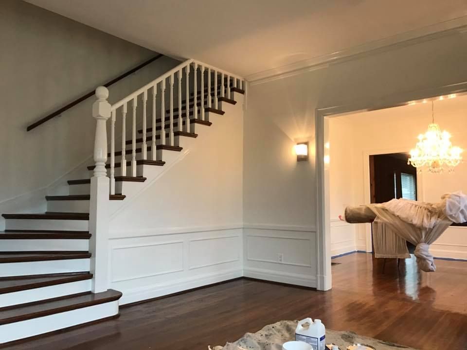 There is a staircase in the middle of the room.