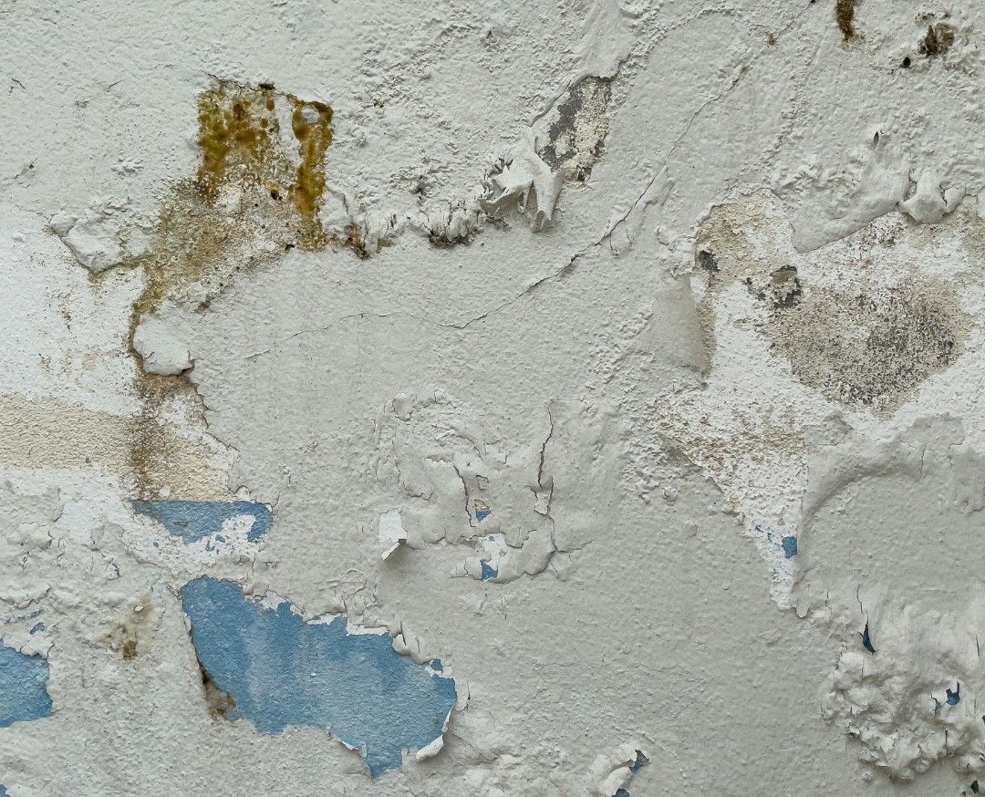 A close up of a white wall with peeling paint
