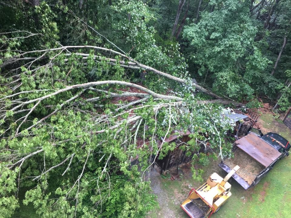 an aerial view of a tree that has fallen on a house