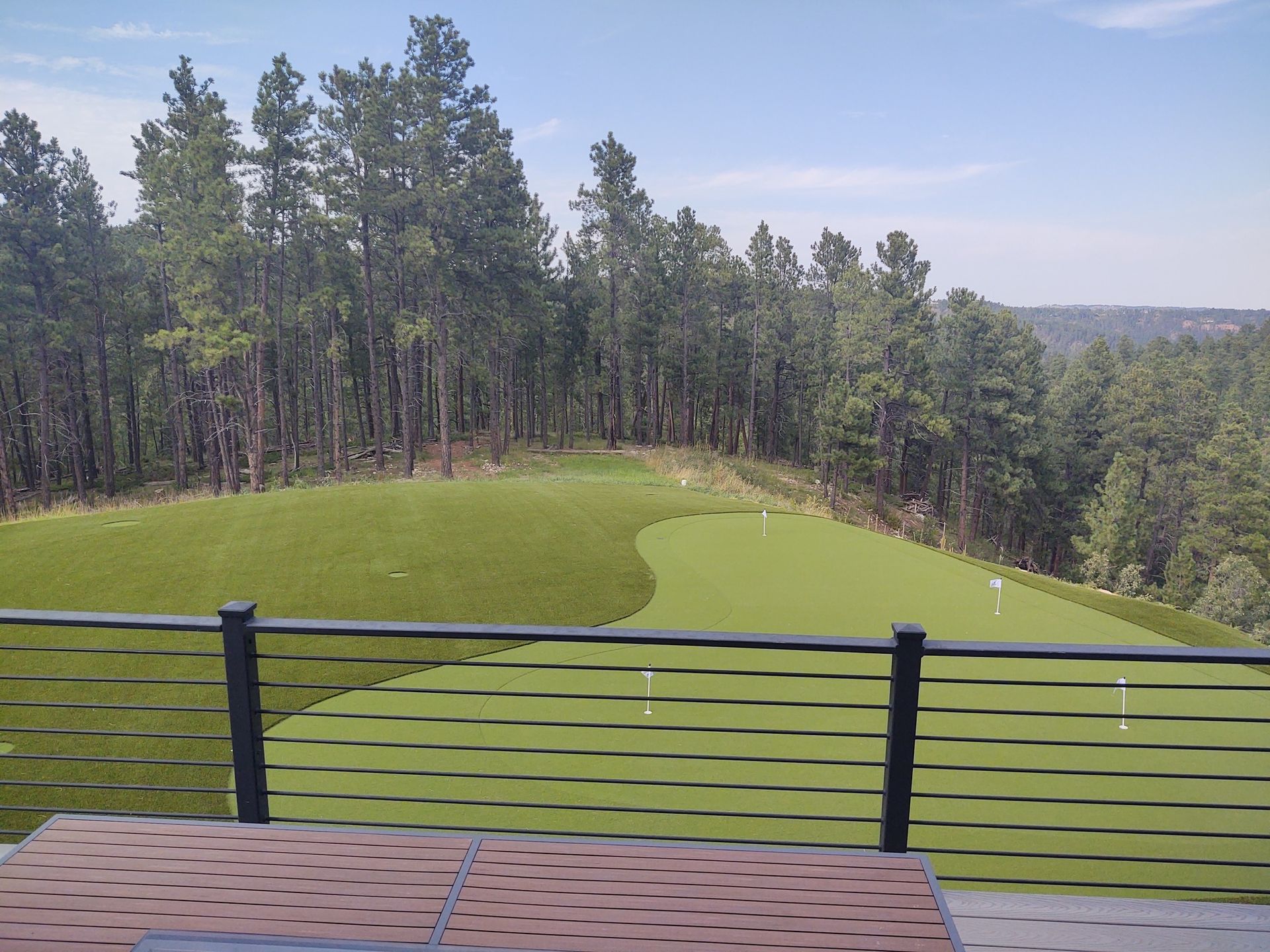 A putting green, viewed from a deck with a dark metal railing, surrounded by trees under a blue sky