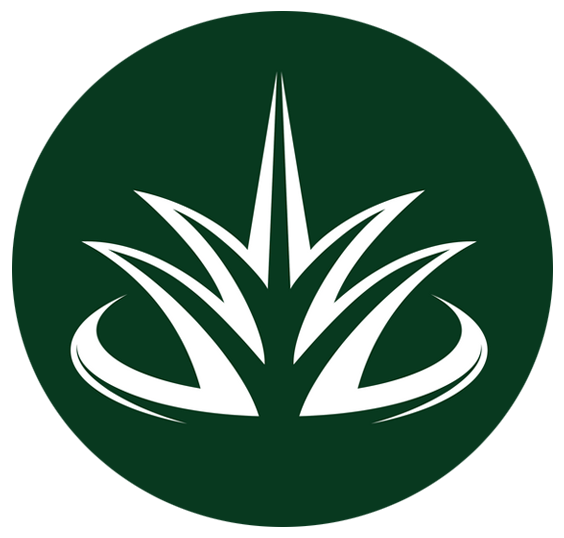 White stylized plant design within a dark green circle.