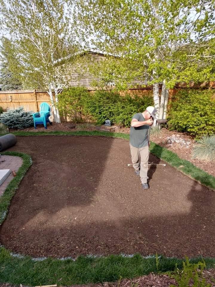 Man petting two dogs on grass; one black, one white, man wearing a green hat