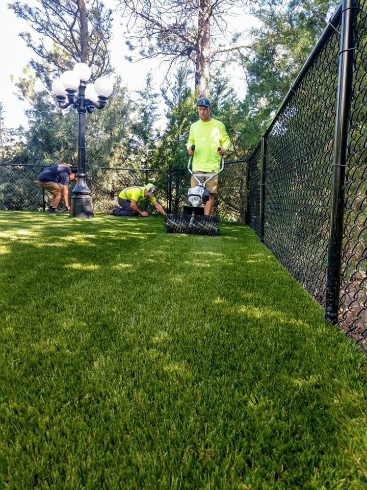 Workers installing sod on green lawn next to a black fence, with trees and a lamppost in the background