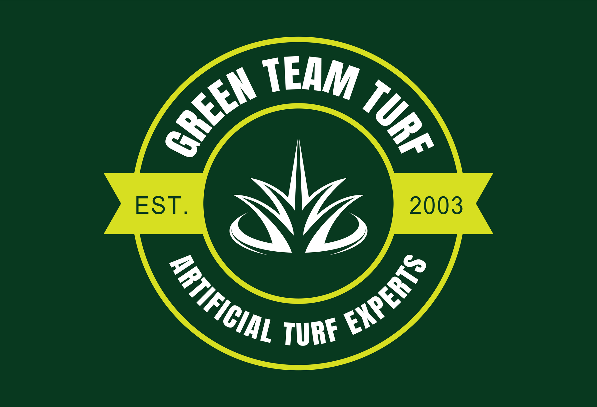 Logo for Green Team Turf featuring text and stylized grass blades on a green background.