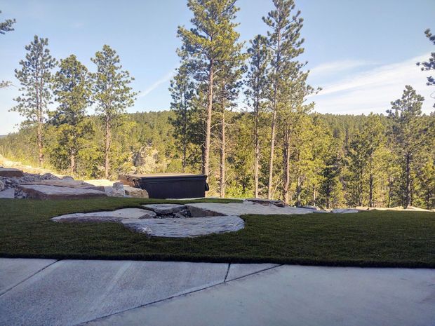 Lush green grass and rock patio with a forest backdrop under a sunny sky.