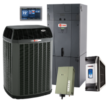 A group of air conditioners and a thermostat on a white background