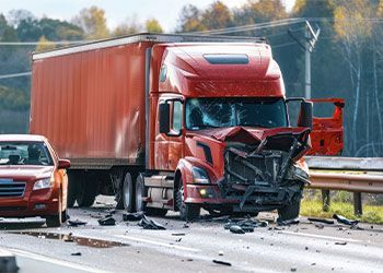 Red semi-truck with a crushed front end after a highway collision, debris scattered on the road