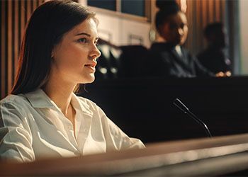 Woman speaking at a microphone in a meeting room, wearing a white shirt, with people blurred in the background