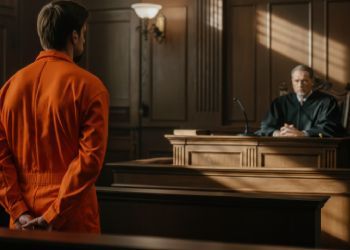 Person in orange prison uniform stands before a judge in a courtroom.
