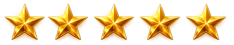 Five gold stars in a row on a white background