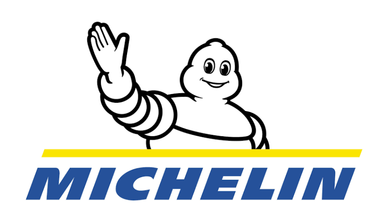 Michelin logo with the Bibendum mascot waving above blue company text