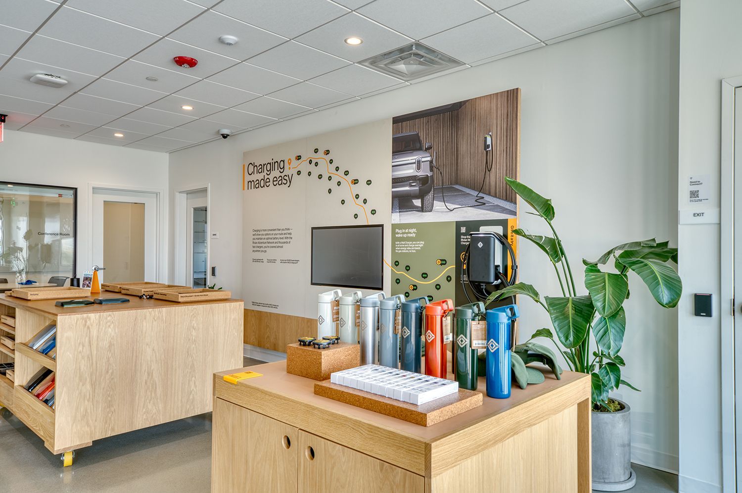 Modern retail space with light wood displays, large plant, and wall art.