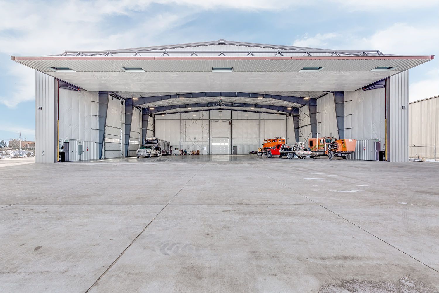 An empty, spacious aircraft hangar