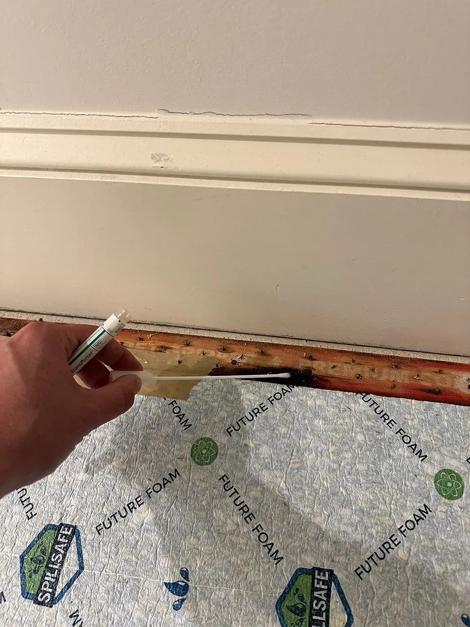 Hand holding a pen points to carpet underlayment against a baseboard.