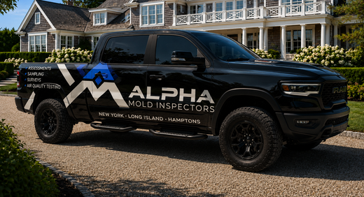 Black Alpha Mold Inspectors pickup truck parked in front of a large house