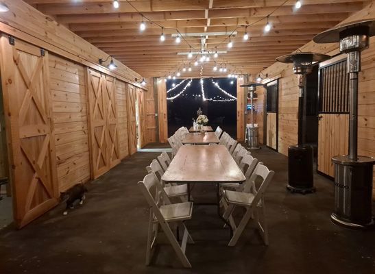 There is a long table and chairs in the middle of the room.
