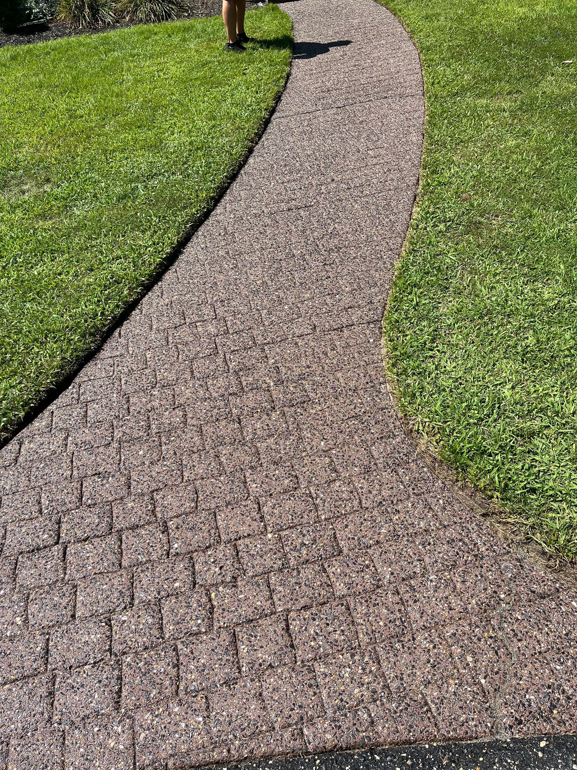 A person is walking down a path in the grass.