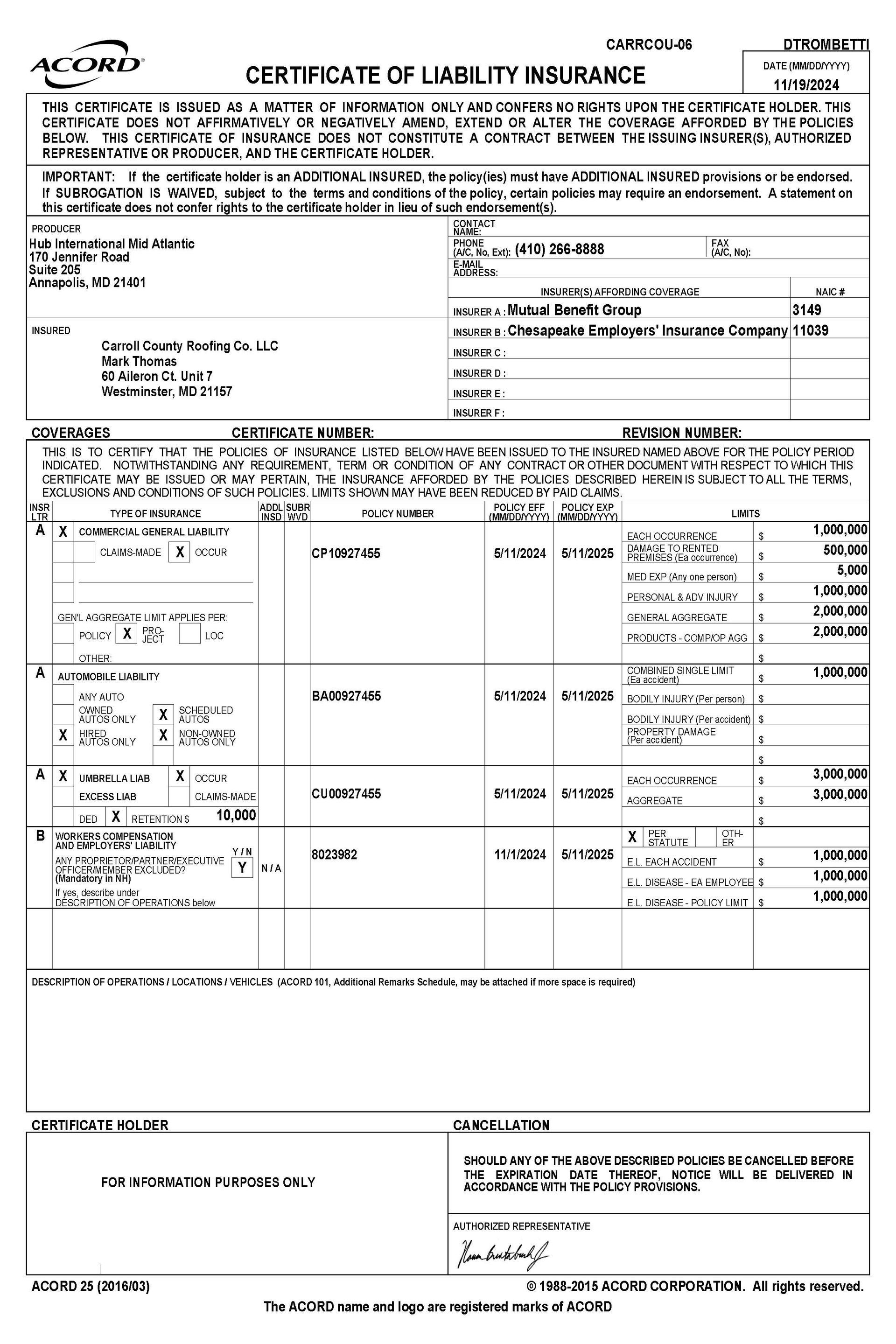 Certificate of liability insurance