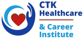 Logo for CTK Healthcare & Career Institute: Blue hand cradling a red heart within a blue circle.