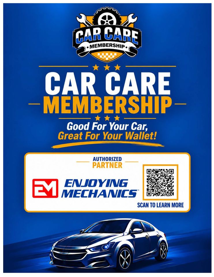 Blue Car Care Membership ad with logo, gold text, partner badges, and a sports car at the bottom