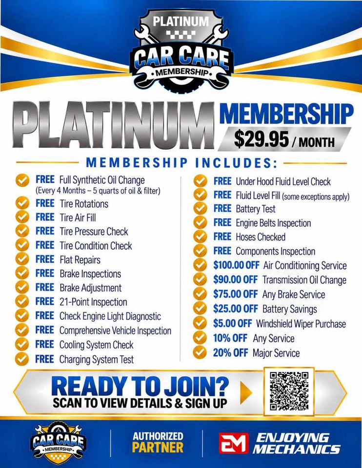 Platinum Car Care Membership ad with benefits list, $29.95/month, and “Ready to Join?” QR code banner