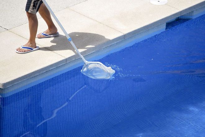 Person cleaning a blue swimming pool with a net, standing on the pool's edge.