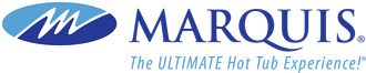 Logo for Marquis hot tubs: blue oval with stylized 