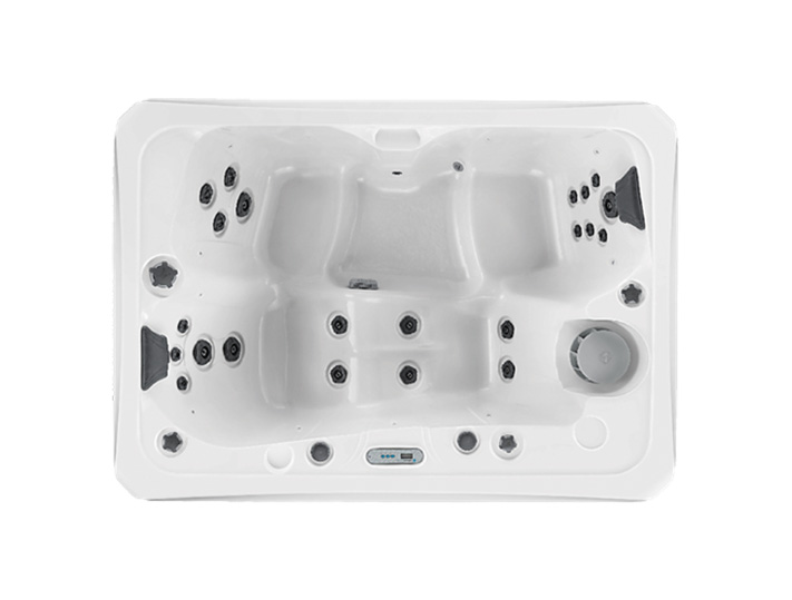 Top-down view of a white hot tub with multiple seats, jets, and control panel