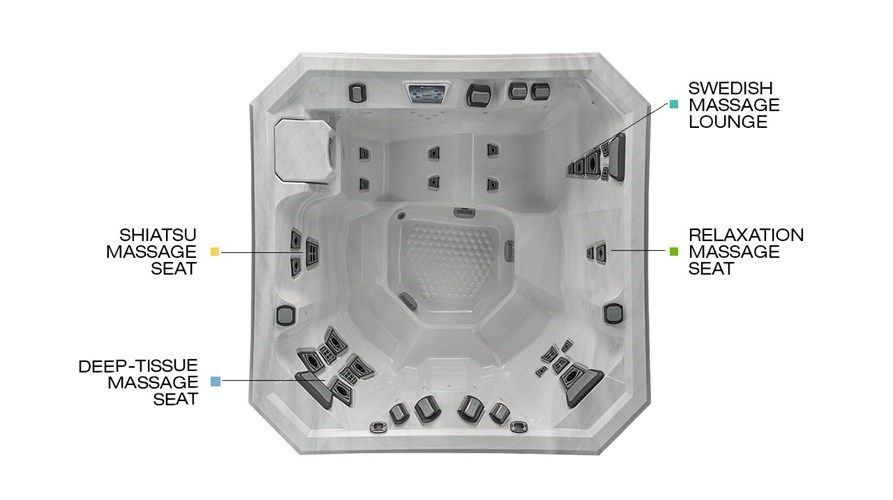 Octagonal lounge floor plan with labeled seating zones and a central hexagonal table area