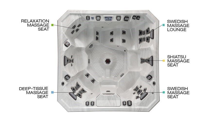 Top-down layout of a spa room with massage chairs, lounge seating, and a central table in neutral tones