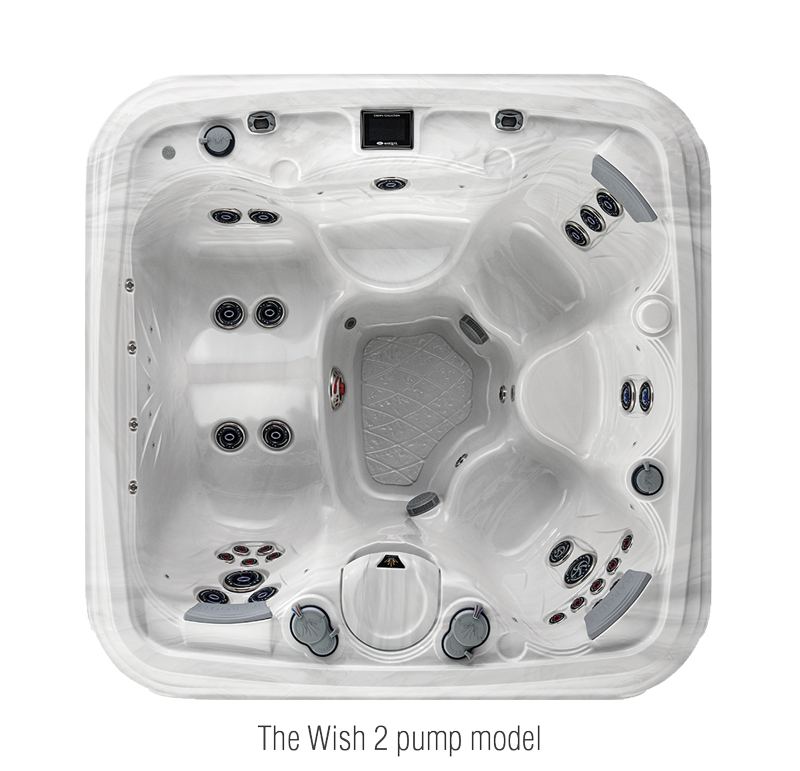 Top-down view of a white two-pump hot tub with gray seats and jet nozzles