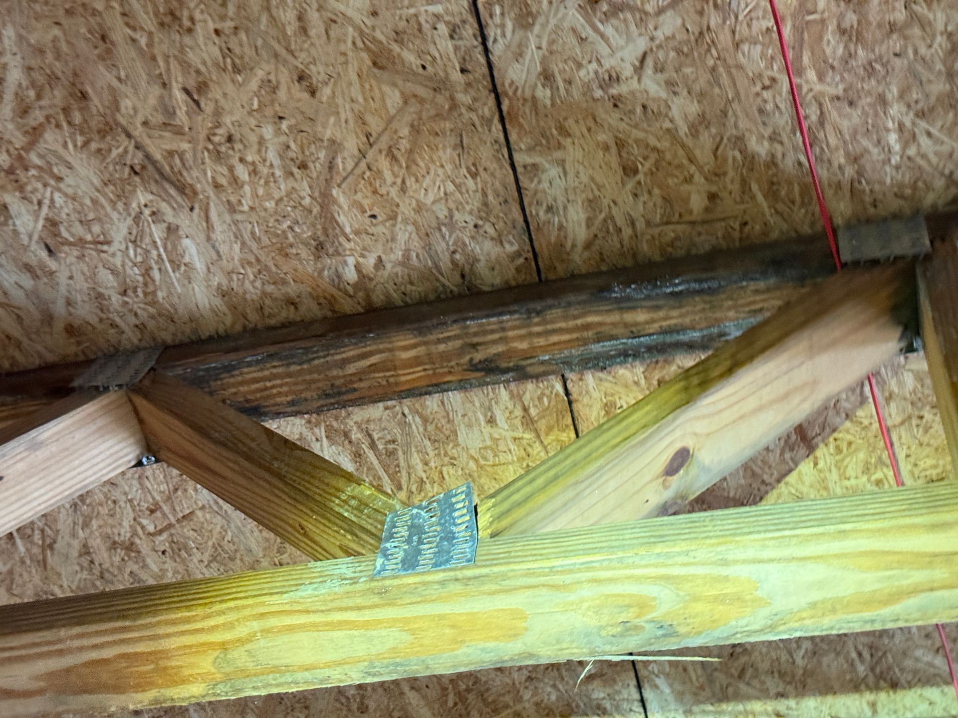Wooden roof trusses with metal connector plates installed against OSB roof sheathing in an attic.
