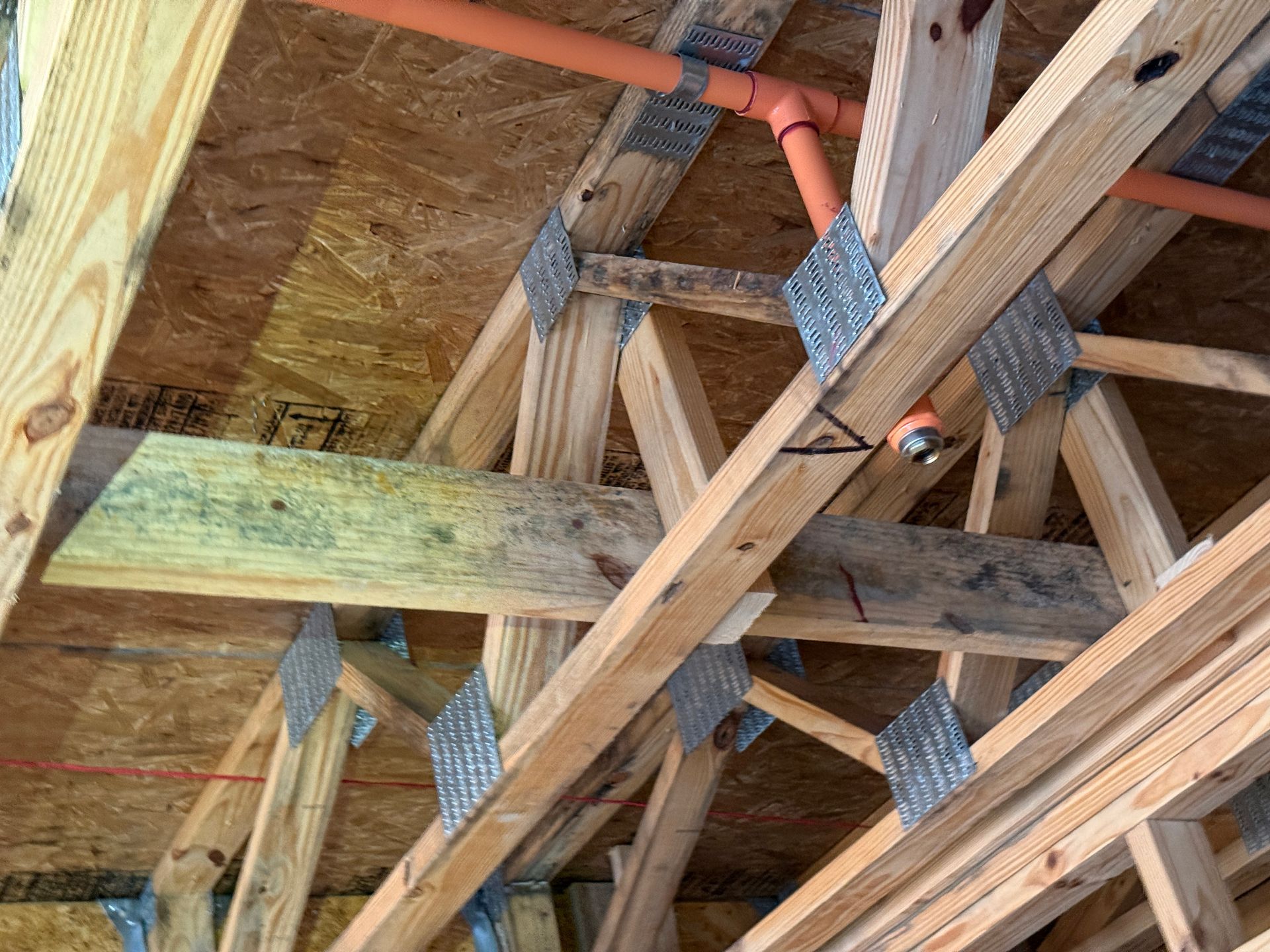 Exposed wooden roof trusses and metal connector plates in an attic, with an orange sprinkler pipe running above them.