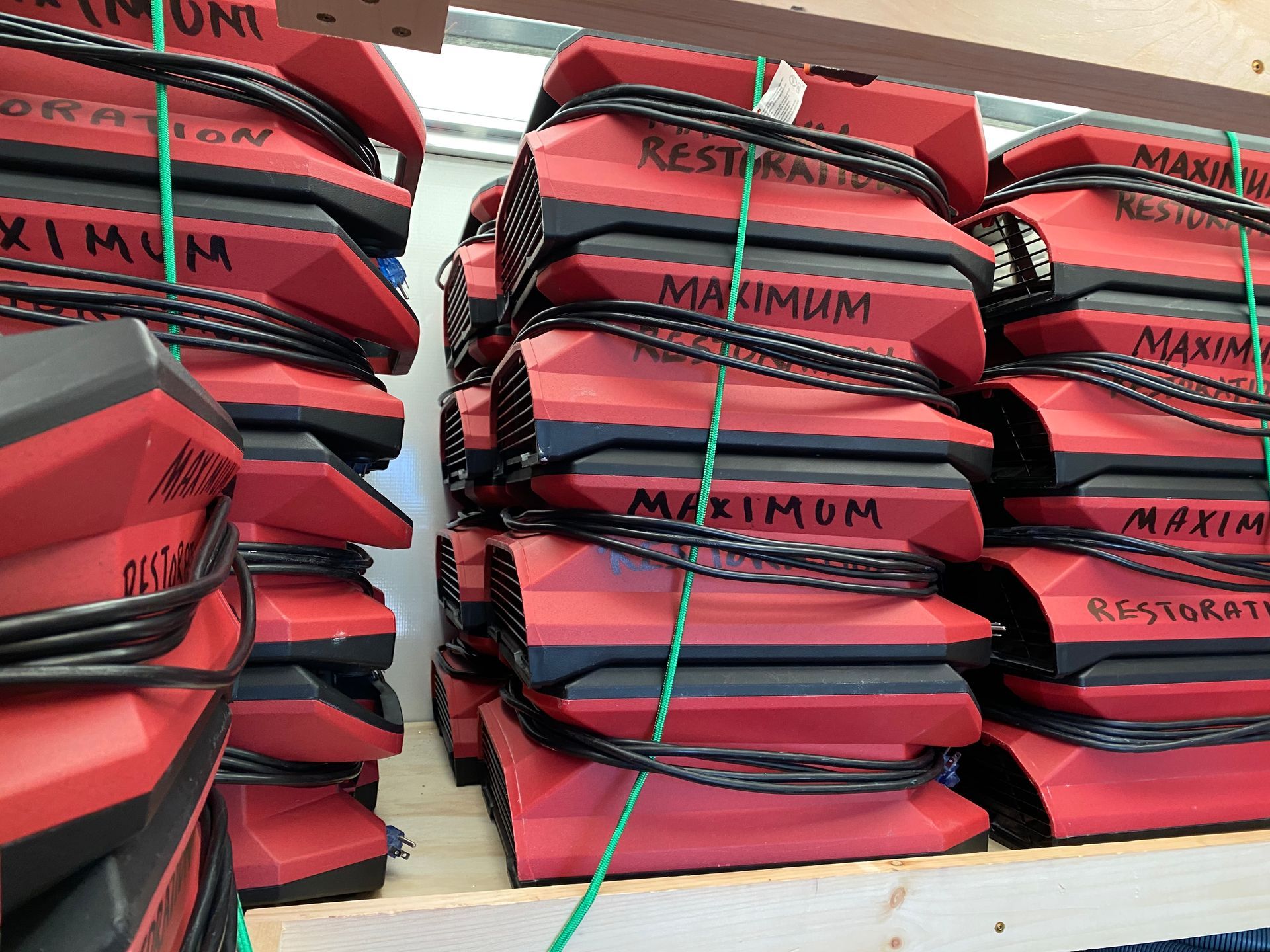 Stacks of red and black rectangular objects with 