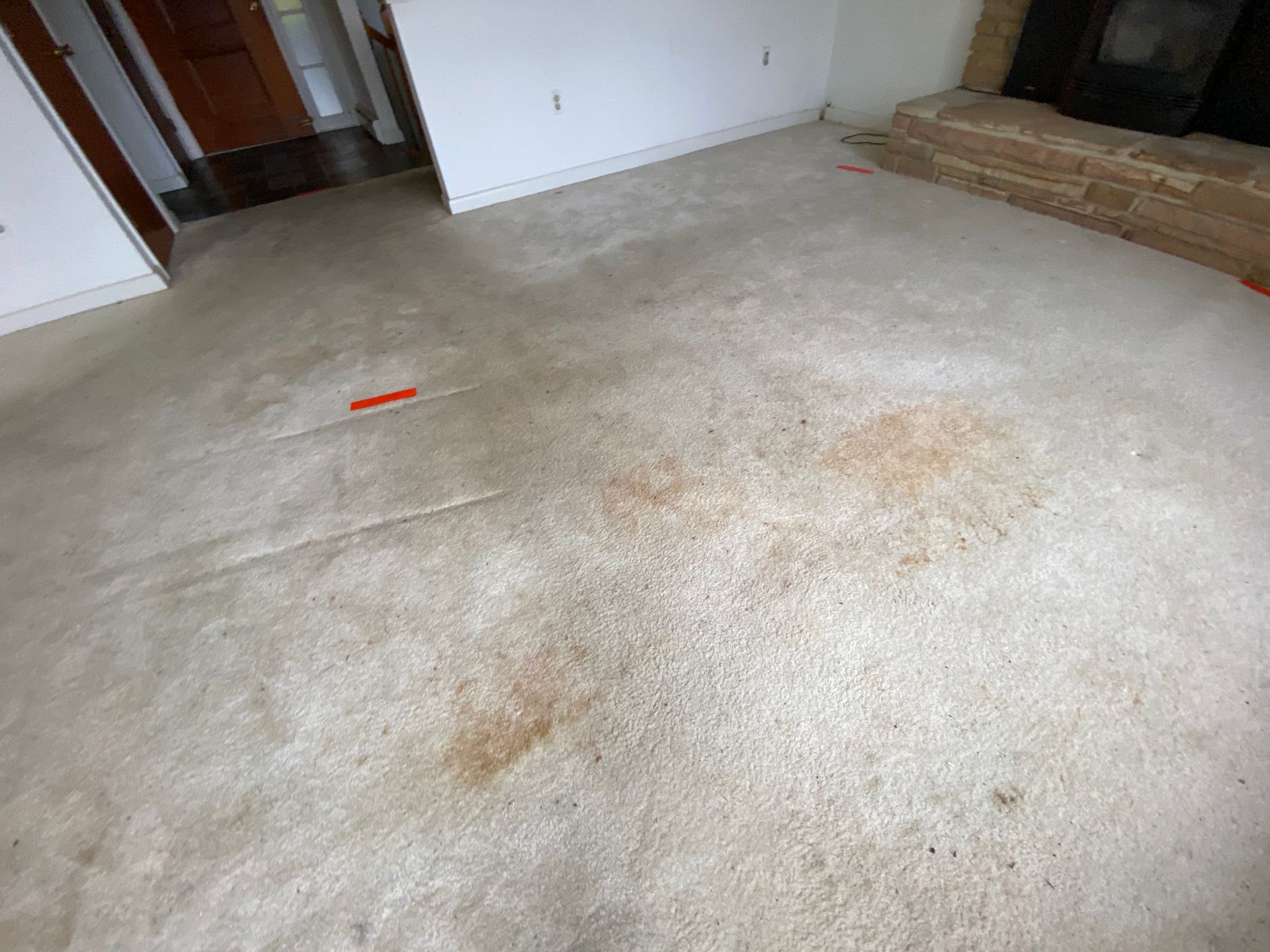 Beige carpet with several brown stains in a living room near a fireplace.