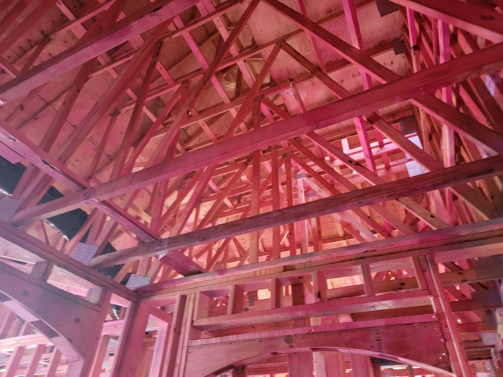 Wooden house frame construction showing exposed rafters and beams.