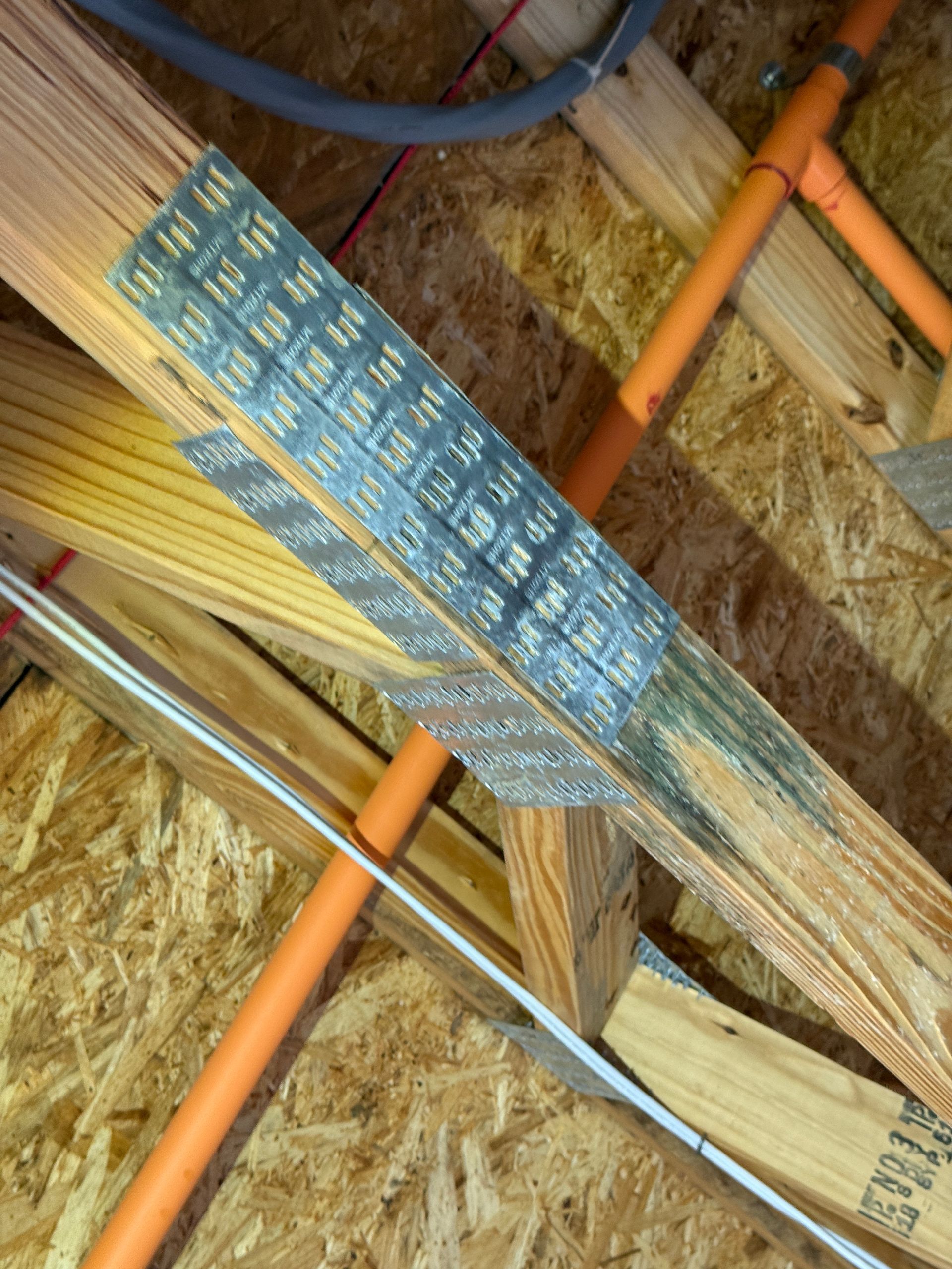 A close-up of a metal connector plate joining two wooden truss beams, with visible dark mold growth on the wood.