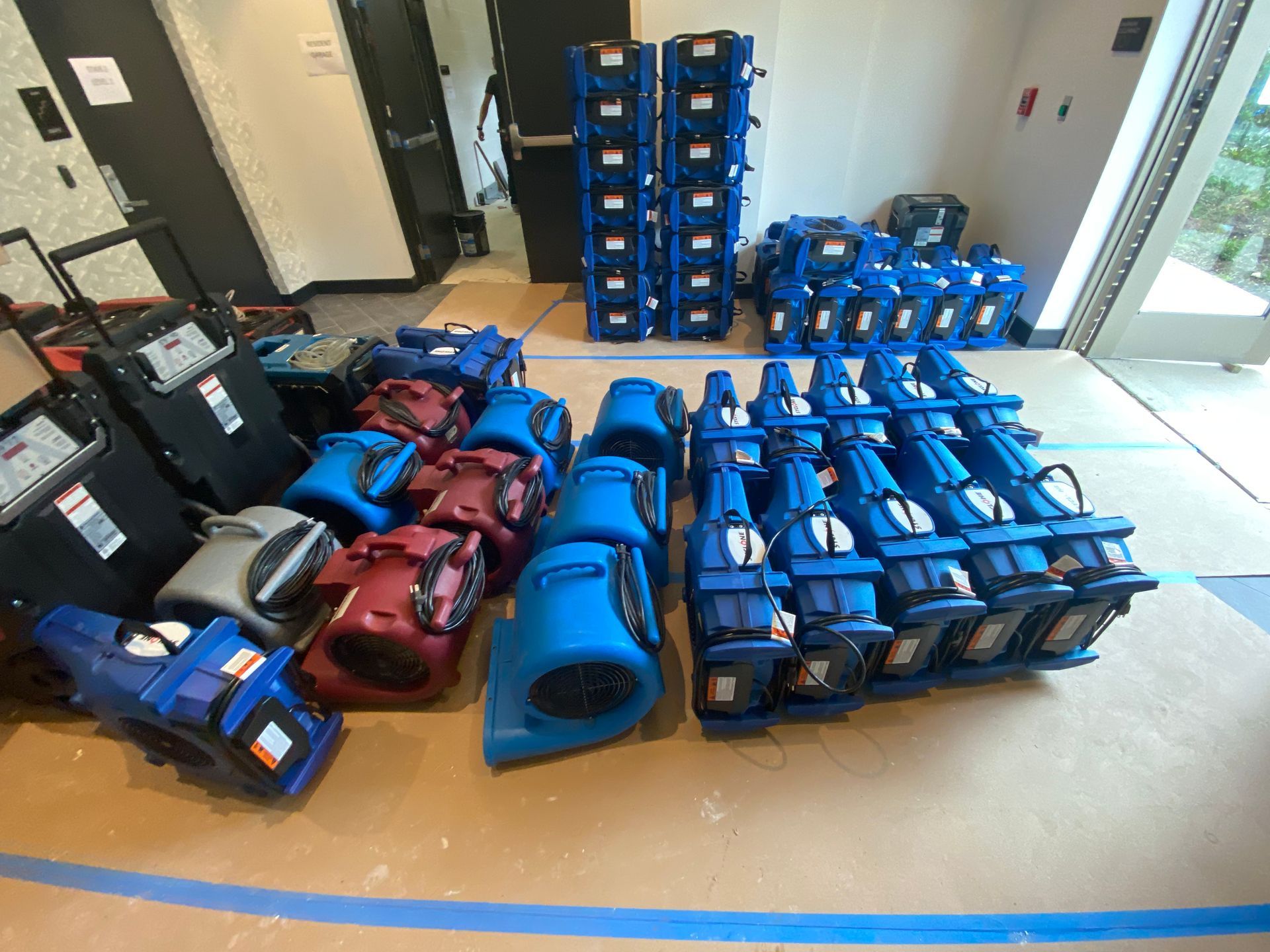 A large collection of blue and maroon industrial air movers and dehumidifiers arranged on floor protection paper.