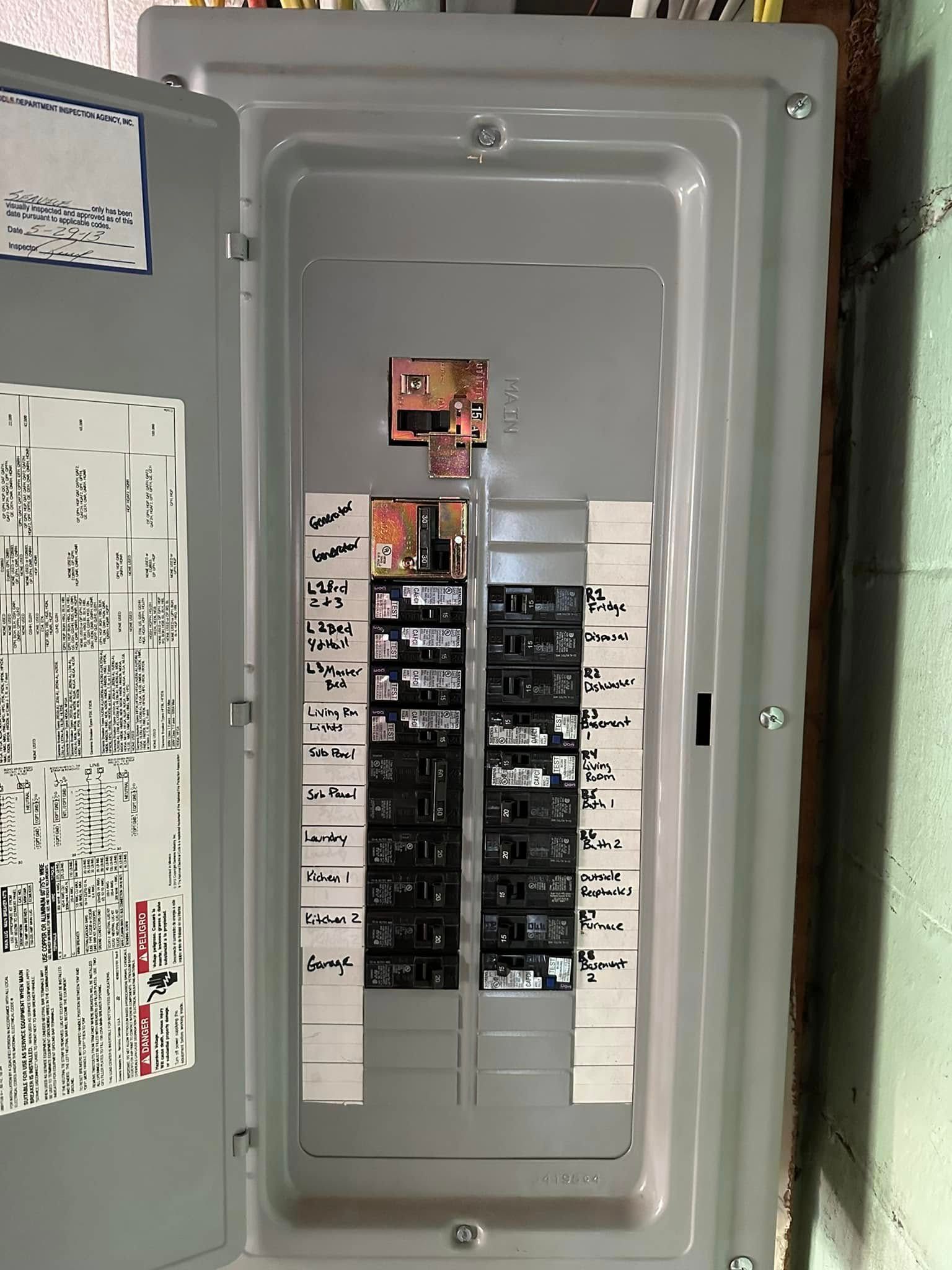 Open electrical breaker panel with labeled switches and one missing cover plate.